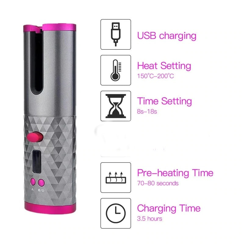 Cordless Rechargeable Automatic Hair Curler - Pink