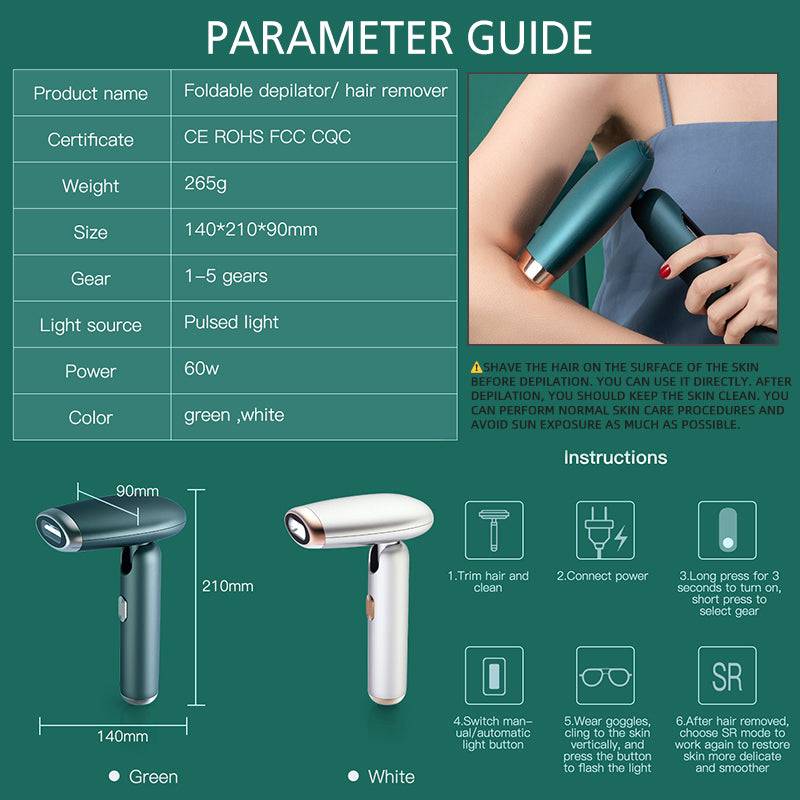 Handheld Photon Flash Laser Depilatory 5 Gears Hair Removal Machine - Green