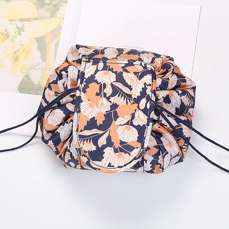 Drawstring Cosmetic Bag Travel Organizer - Navy Feather