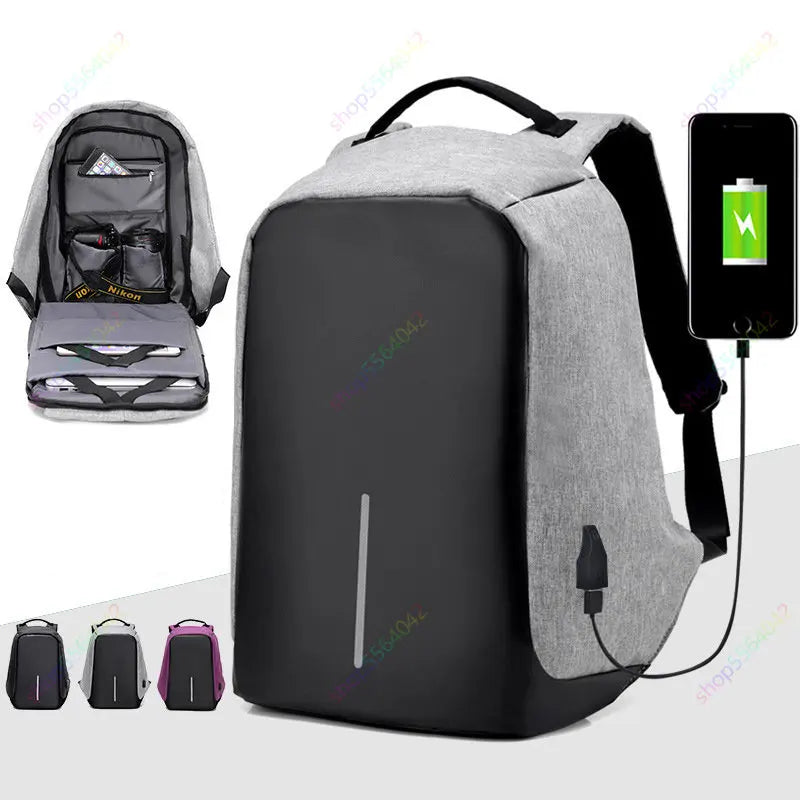 Anti-theft Travel Backpack Laptop School Bag with USB Charging Port - Black