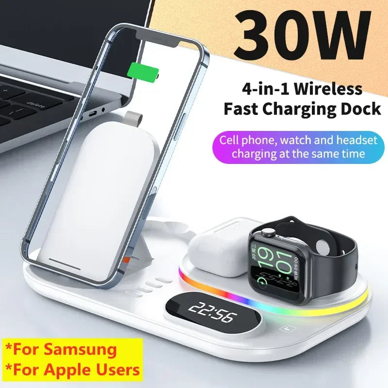 3in1 30W Wireless Charger with Clock, Fast Charging RGB Atmosphere Light - Black