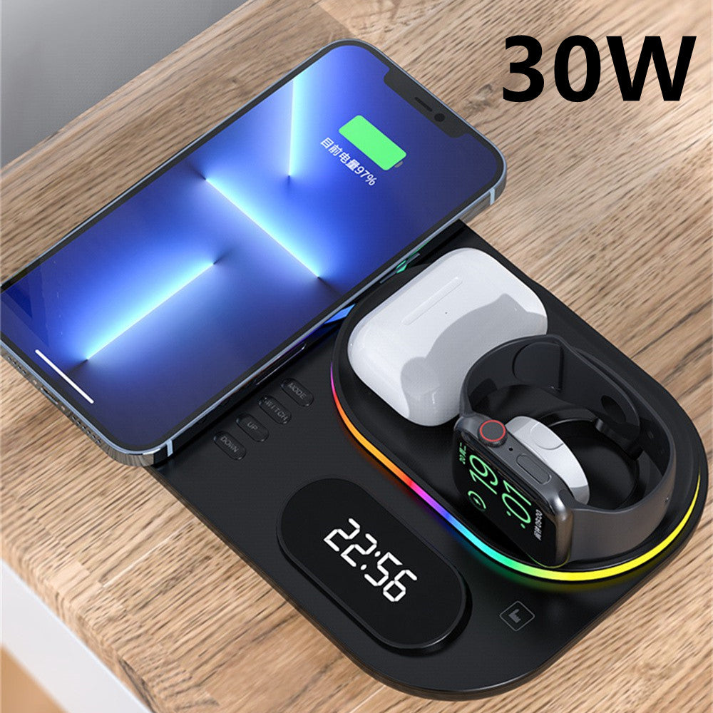 3in1 30W Wireless Charger with Clock, Fast Charging RGB Atmosphere Light - Black