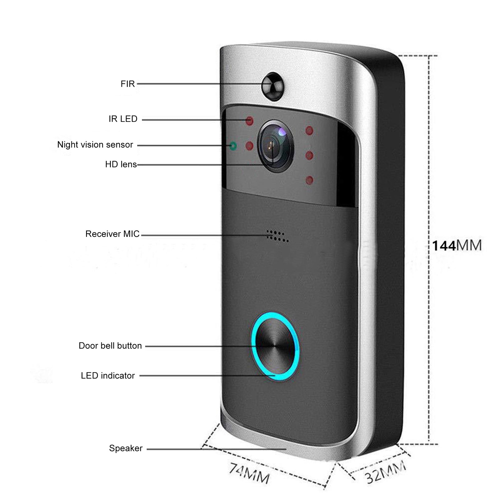 Smart Wireless WiFi Security DoorBell Remote Home Monitoring - Grey