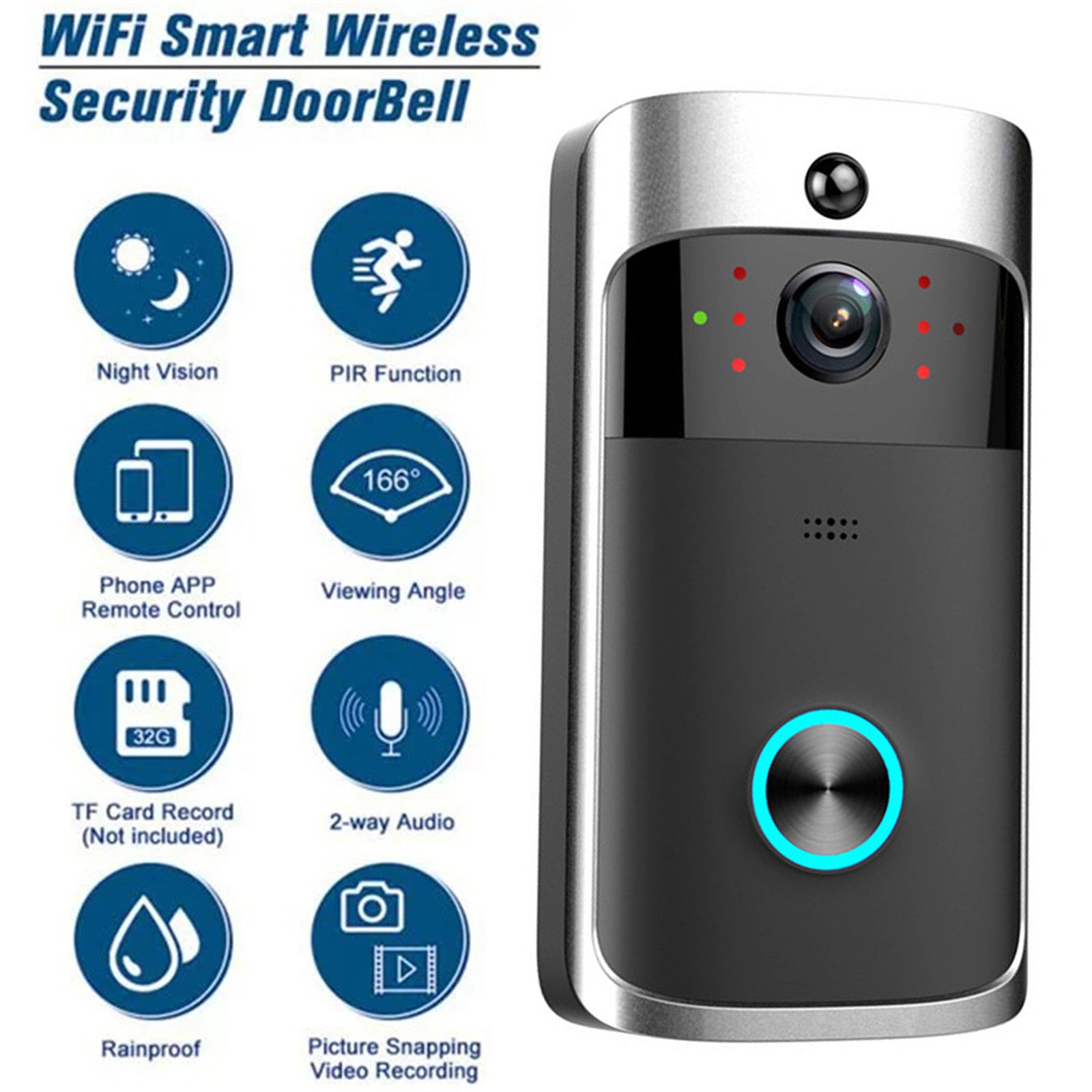 Smart Wireless WiFi Security DoorBell Remote Home Monitoring - Grey