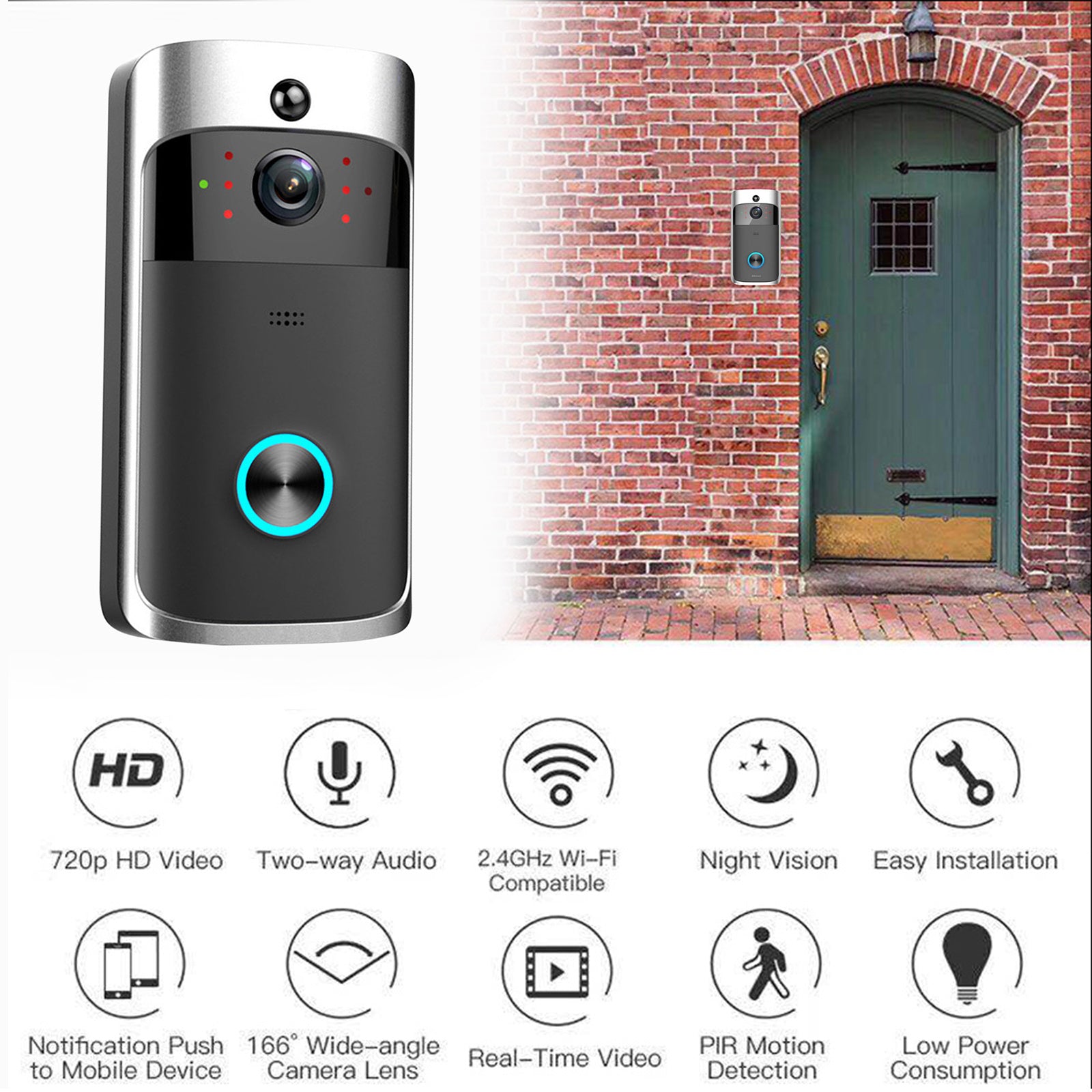 Smart Wireless WiFi Security DoorBell Remote Home Monitoring - Grey