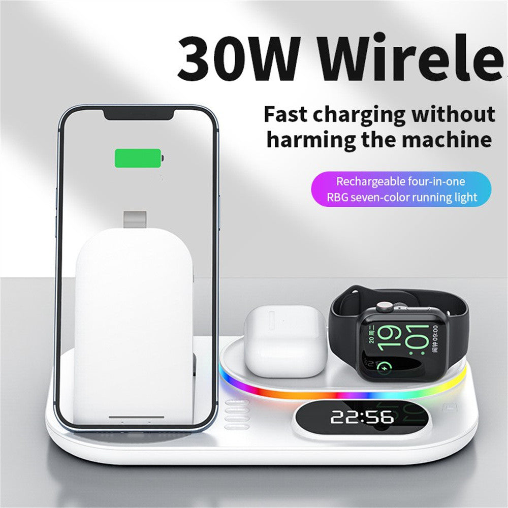 3in1 30W Wireless Charger with Clock, Fast Charging RGB Atmosphere Light - Black