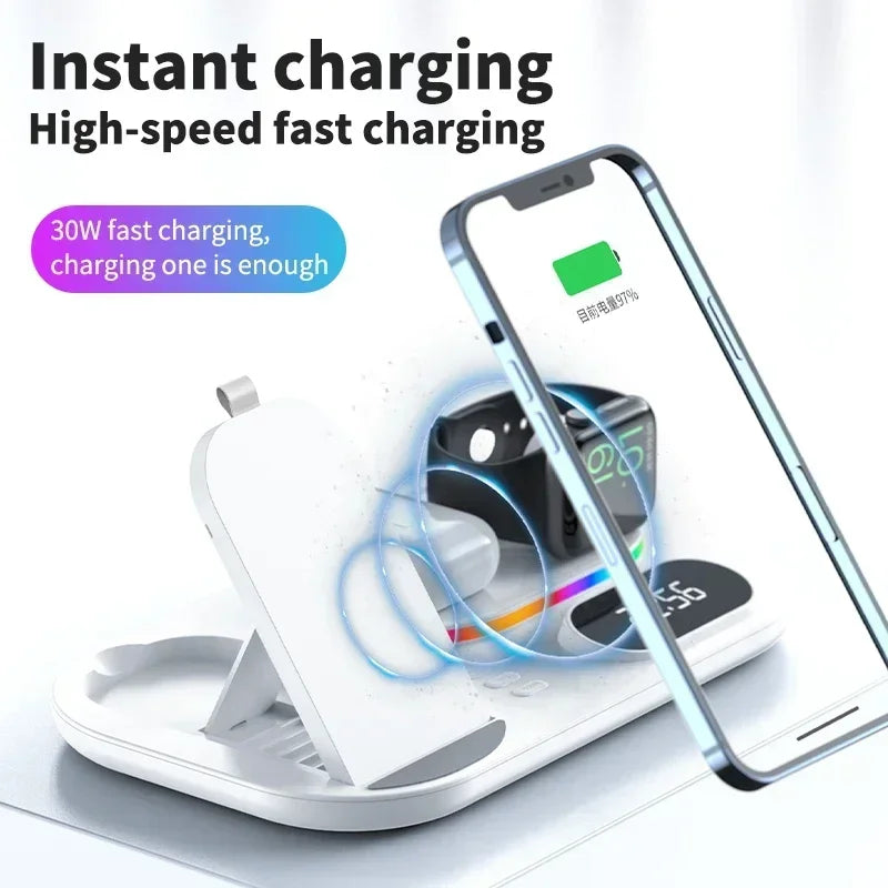 3in1 30W Wireless Charger with Clock, Fast Charging RGB Atmosphere Light - Black