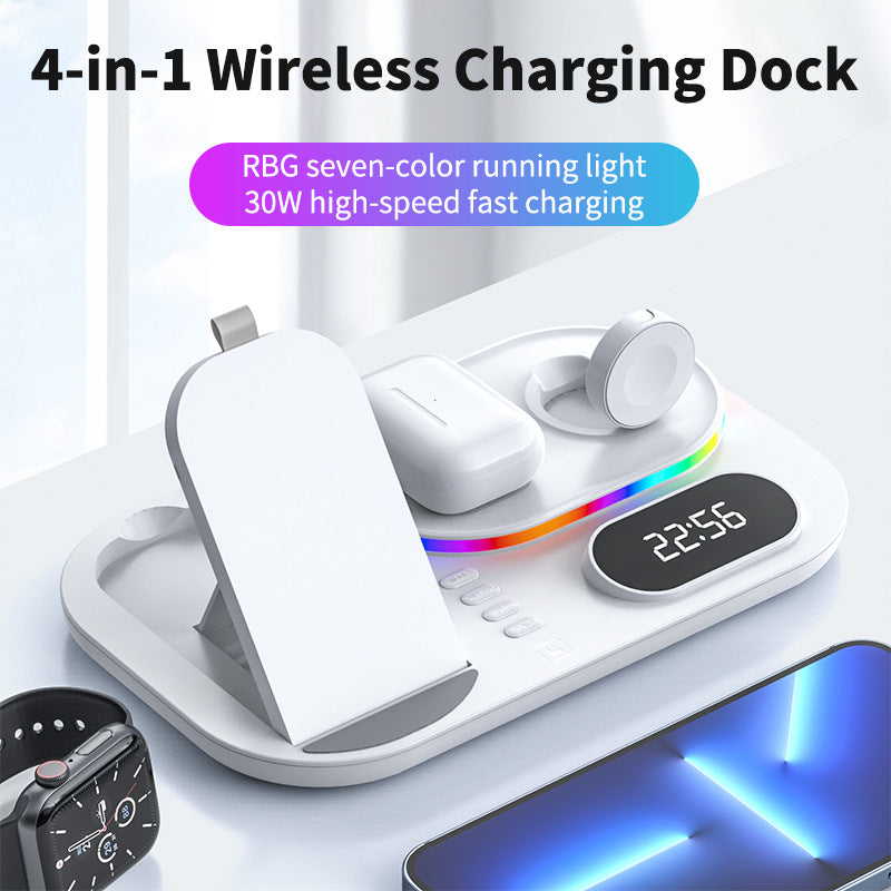 3in1 30W Wireless Charger with Clock, Fast Charging RGB Atmosphere Light - Black