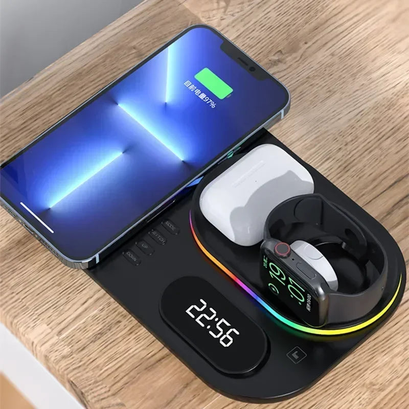 3in1 30W Wireless Charger with Clock, Fast Charging RGB Atmosphere Light - Black