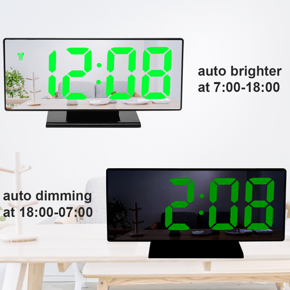 Large Digital LED Mirror  Alarm Clock with USB point and Temperature Display